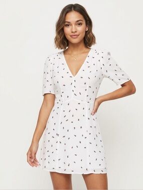 Reformation Short Sleeve White Mini Dress with Pink Floral Print